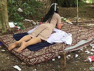 Thai ladyboy teacher unassisted open-air