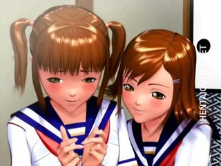 İki 3D anime kız öğrenciler çivilenmiş alır